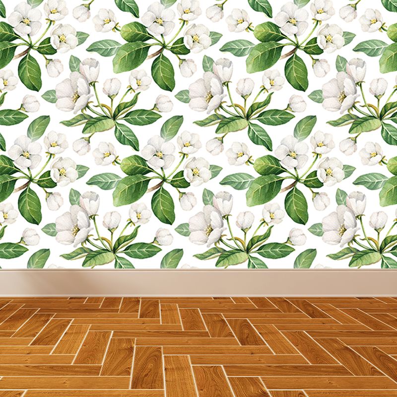 Tropical Blossom Mural Decal White Living Room Wall Covering, Custom Size Available