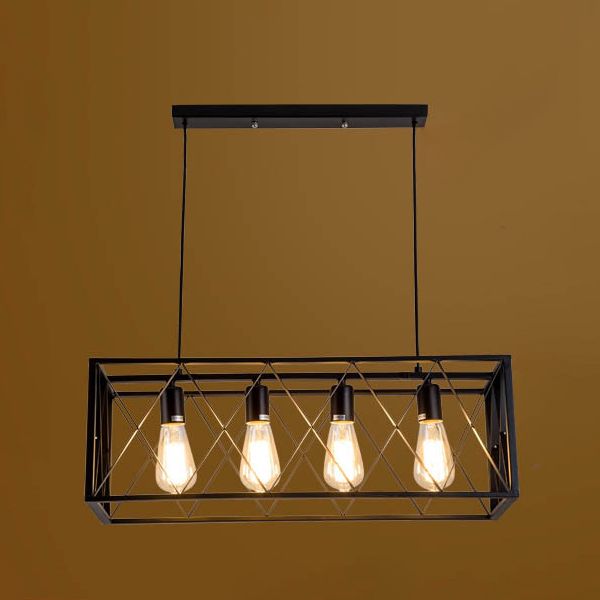 Black Cage Linear Chandelier 4/6 Lights Industrial Island Pendant Lights for Living Room