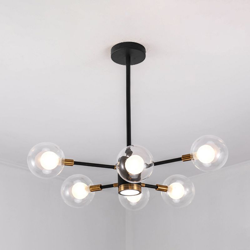 Modern Metal Radial Hanging Chandelier Light Spherical Clear Glass Shade Suspension Light in Black