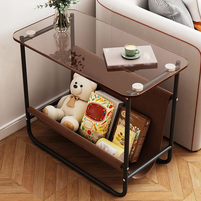 Contemporary Brown Glass Top Side Table Steel Sled Base End Table