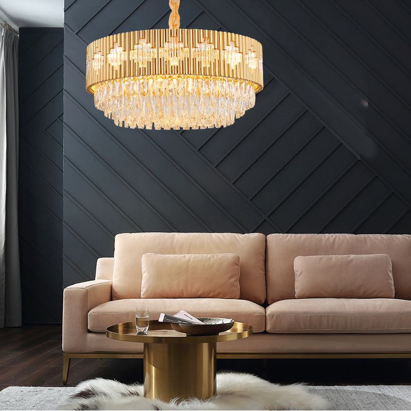 Lustre circulaire pendant clair Metal Metal Multi Light Lampe suspendue avec un prisme cristallin en or