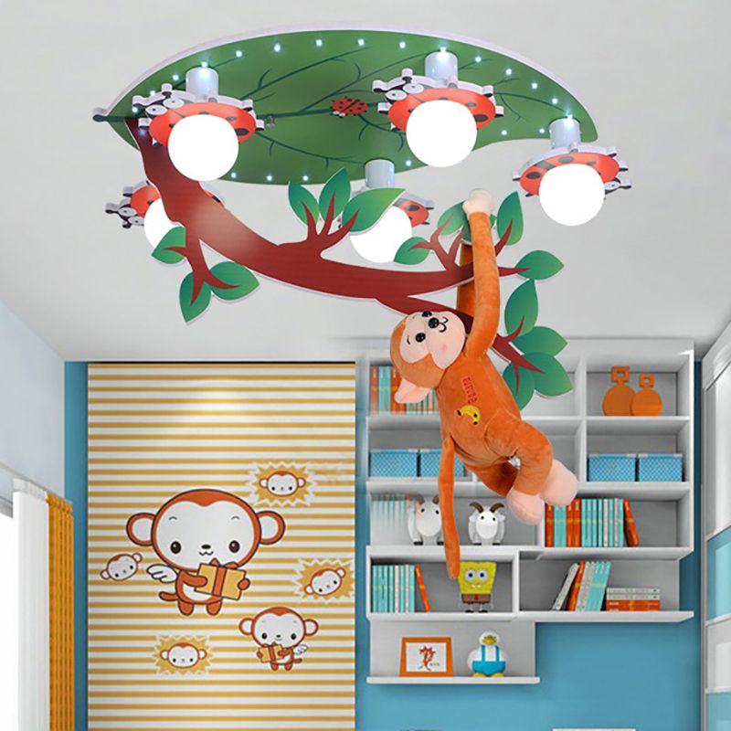 Wood Leaf Branch Ceiling Mount Light with Hanging Monkey Animal Ceiling Lamp in Green for Baby Room