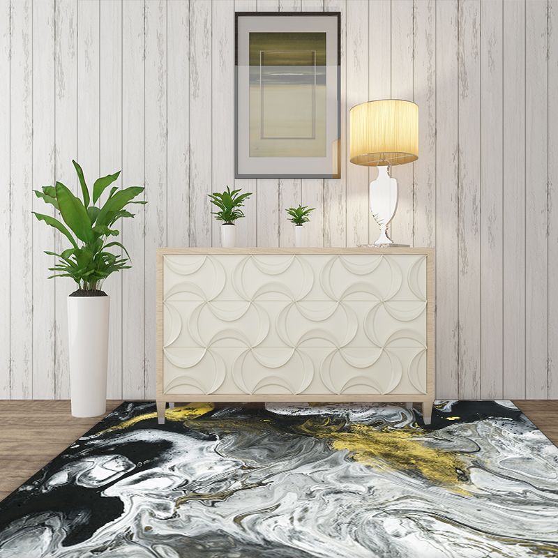 Modern Living Room Rug in White and Black Abstract Paint Pattern Rug Polyester Washable Area Rug