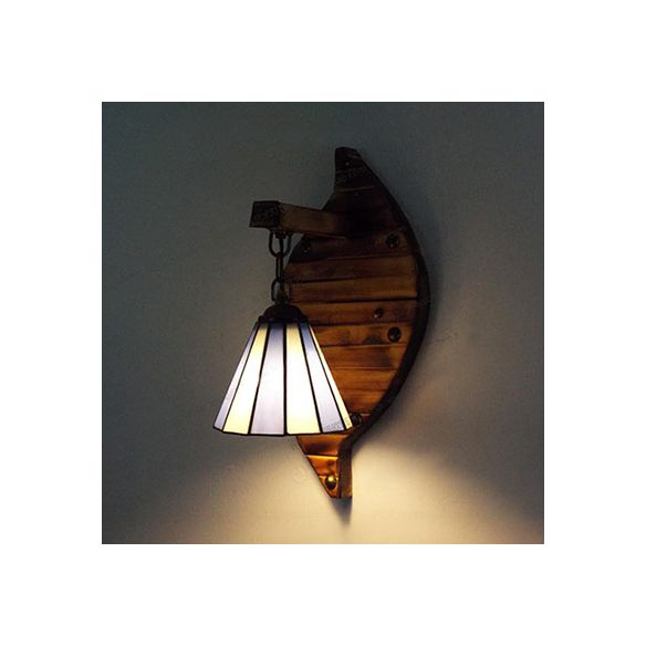 Cone Shape Wall Light Retro Style Colorful Stained Glass 1 Light Wall Sconce Lamp Fixture in White/Light Blue/Light Blue-White/Orange-Red/Yellow/White for Balcony