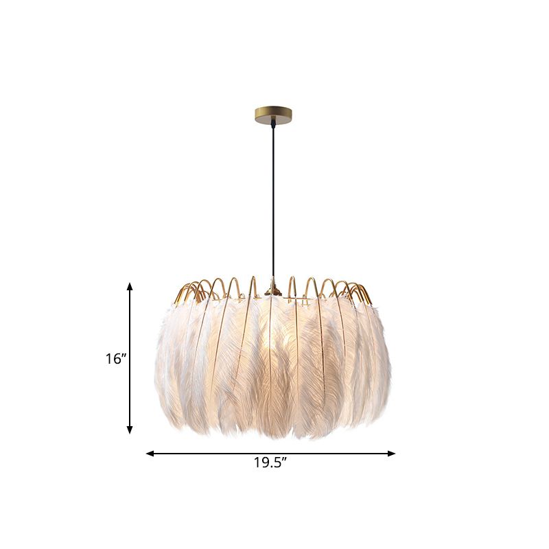 White Round Pendant Lighting Postmodern Style 1 Head Feather Hanging Light Fixture