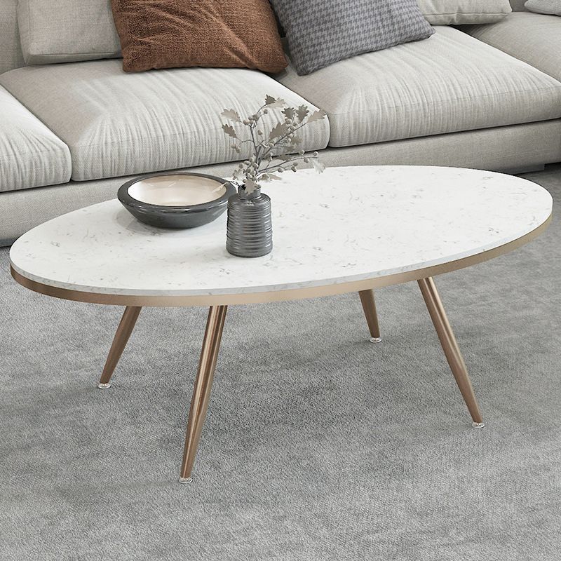 White Oval Stone Top Coffee Table with 4 Iron Legs Single Coffee Table