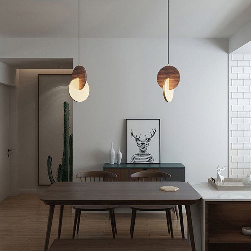 Dark Brown and Brass Disk Pendant Minimalist LED Wooden Suspension Light for Bedroom