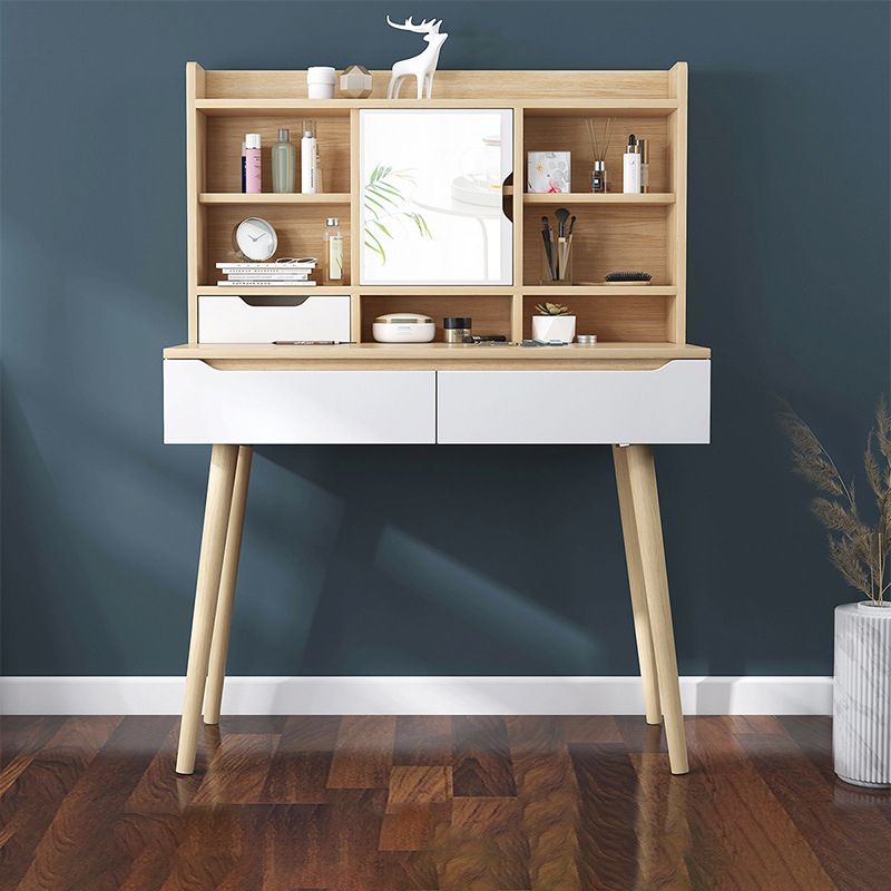 Scandinavian Vanity Table with Drawers and Shelves and Mirror