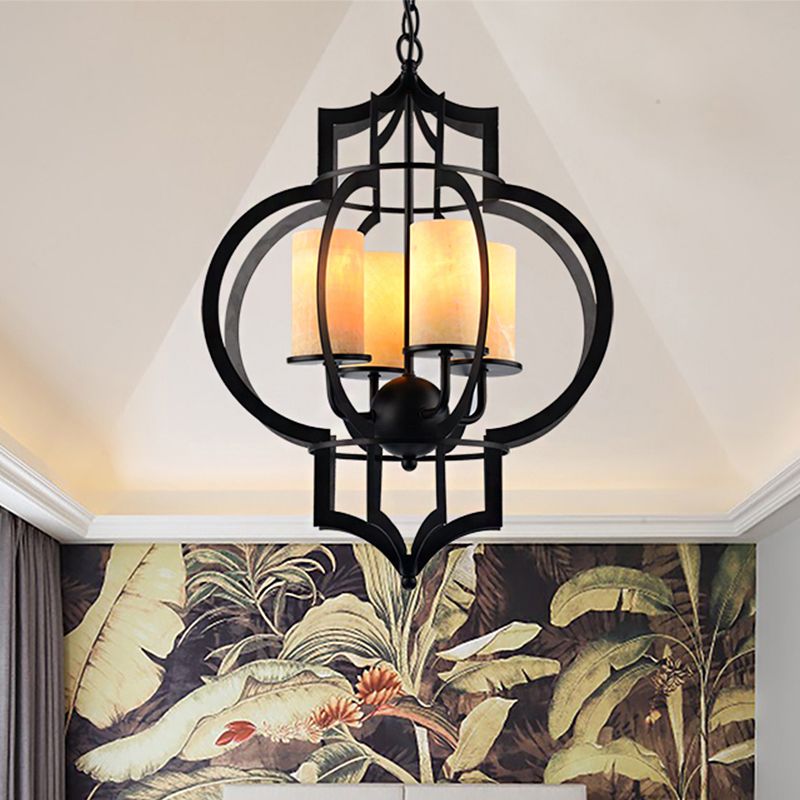 4 Lights Lantern Frame Pendant Lamp Countryside Black Finish Metallic Chandelier Lighting