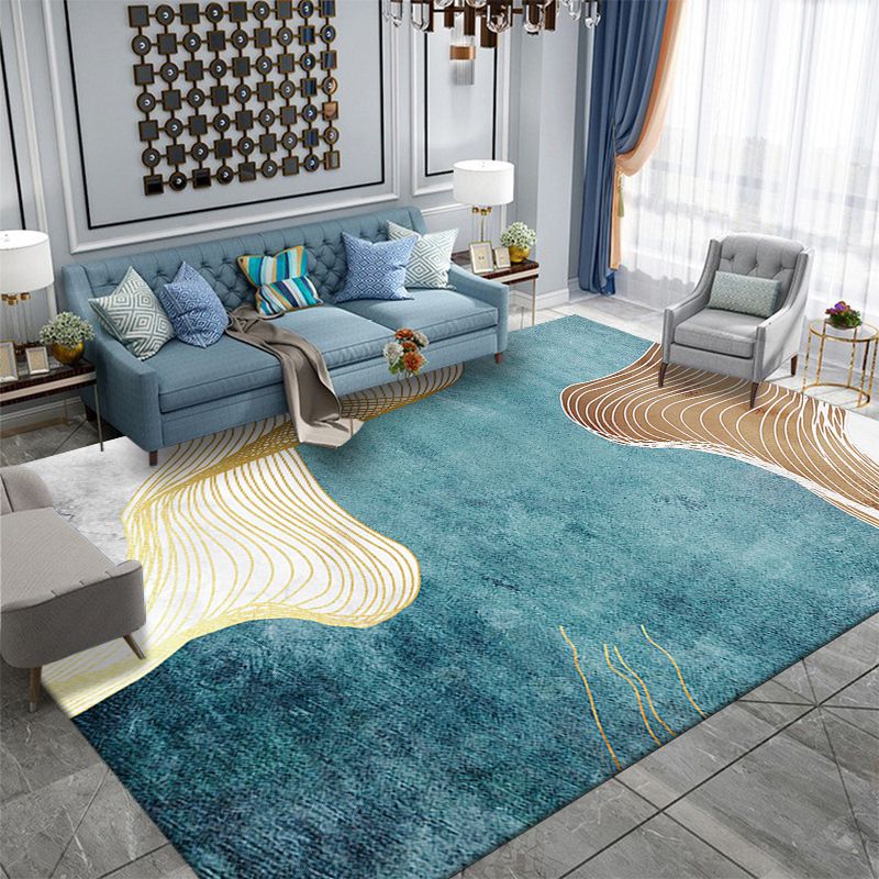 Blue Tone Nordic Indoor Rug Polyester Abstract Print Carpet Non-Slip Backing Rug for Living Room