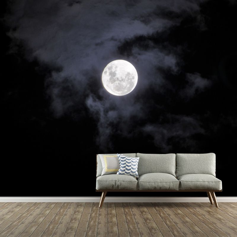 Moon on Misty Sky Mural Decal in Black-White Modern Art Wall Covering for Accent Wall