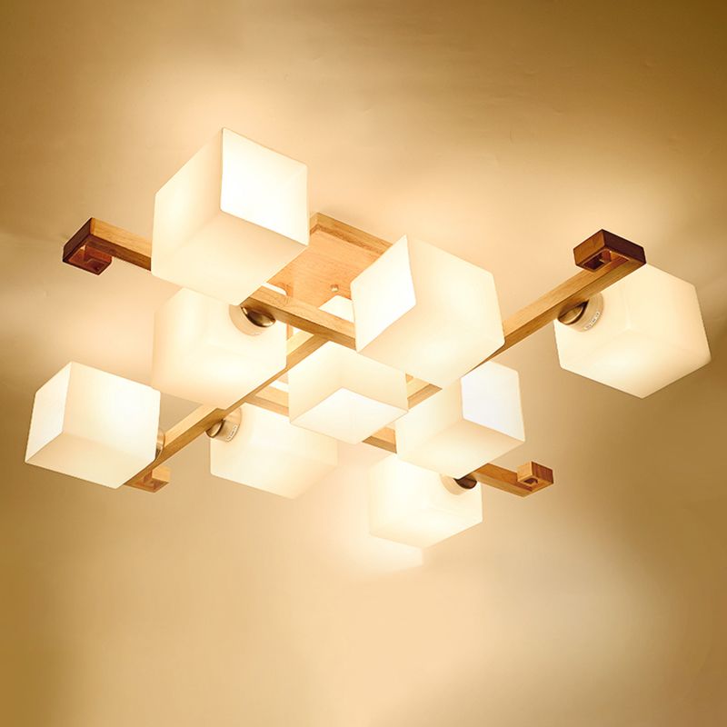Modern Creative Indoor Semi Flush Mount Wooden Sputnik Ceiling Light with White Glass Shade