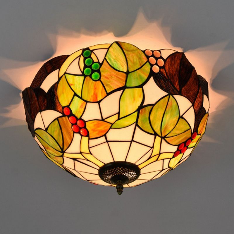 12"/16" W Tiffany Bowl Flush Mount Recessed Lighting 2/3 Bulbs Handcrafted Stained Glass Close to Ceiling Lamp