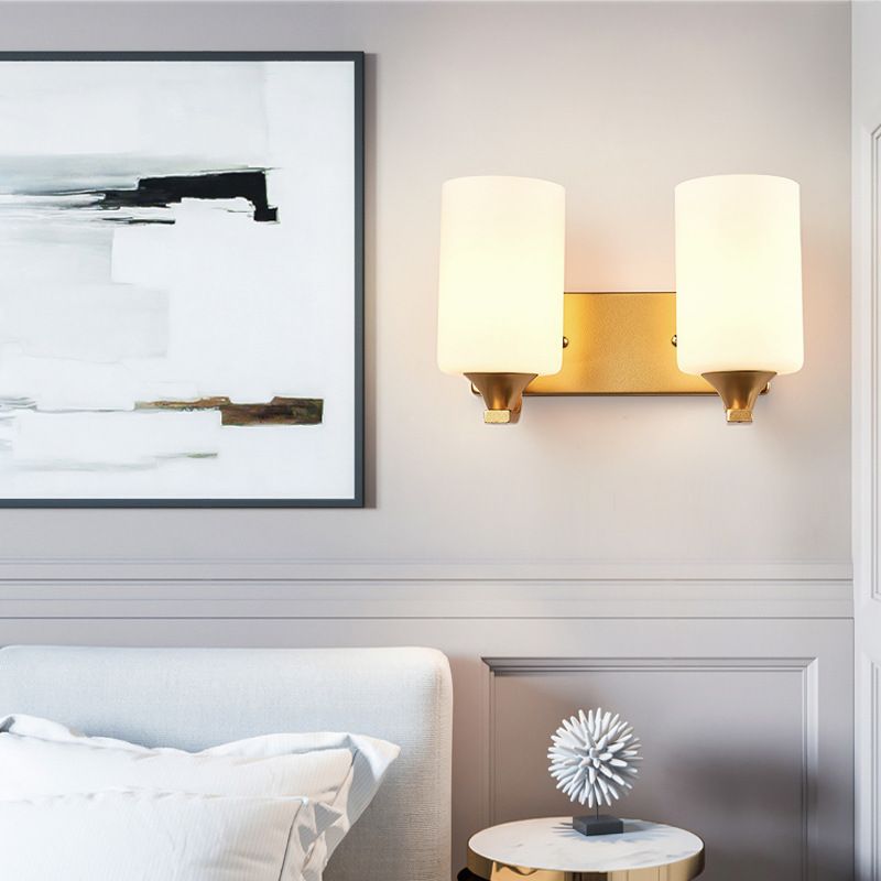 2-Bulb Wall Mount Lamp Traditional Cylindrical Milky Glass Wall Lighting Fixture in Gold