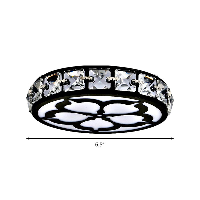 3" Wide Drum Hallway LED Flush Mount Faceted Crystal Contemporary Ceiling Fixture in Black, Warm/White/Multi Color Light