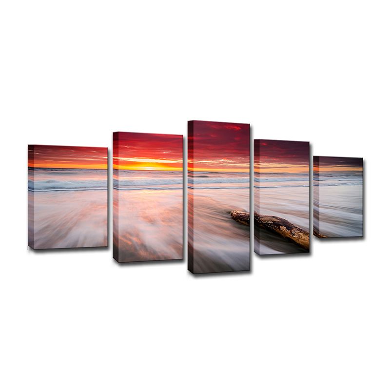 Nightfall Beach Scenery Wall Art Decor Modern Canvas Print in Red for Living Room