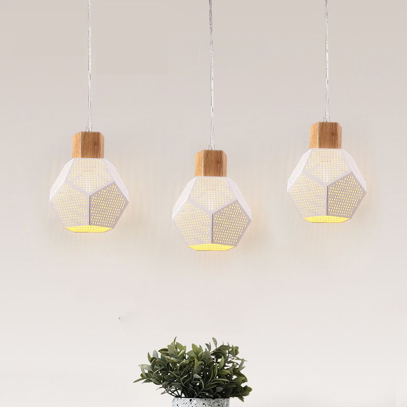 Iron Faceted Mesh Bottle Pendant Lamp Nordic 3-Bulb White and Wood Multi Light Ceiling Light over Table