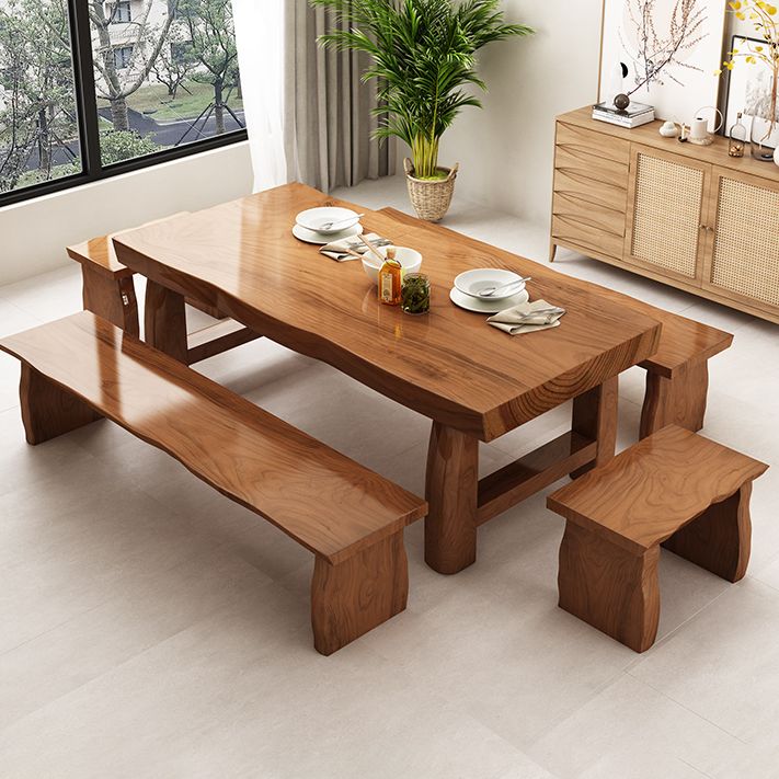 Table à manger de table en bois massif en pin avec piédestal double, en marron