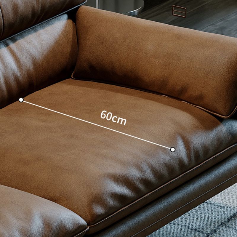 Pillow Top Arm Sofa in Brown Genuine Leather Sewn Pillow Back Sofa