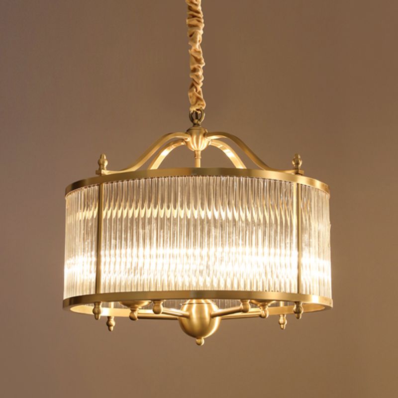Copper Chandelier Light Fixtures American Style Multi-Head Drum Suspension Lamps for Living Room