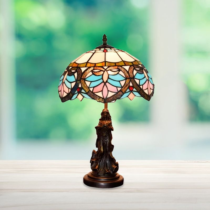 Beige/Blue Stained Glass Dome Table Light Tiffany Style 1 Bulb Bronze Nightstand Lamp with Angel Decoration