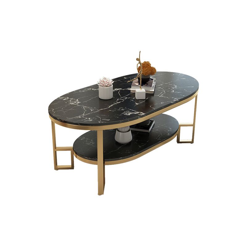 4 Legs Cocktail Table Shelf Included Oval Stone Coffee Table