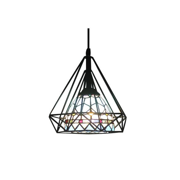 Hotel Domed Pendant Light Stained Glass 1 Light Tiffany Blue Hanging Light with Diamond Cage