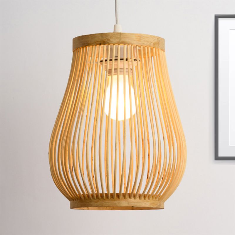 Bambus gewebter Schatten Anhänger Deckenleichter Asiatischer Stil 1 Glühbirne Beige Hanging Lampe, 7 "/8" breit