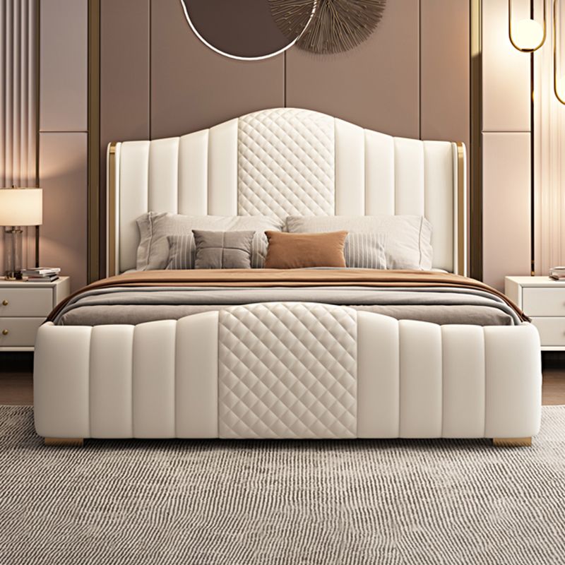 Glam Beige Standard Bed Camel Back Pine Wood and Metal Panel Bed