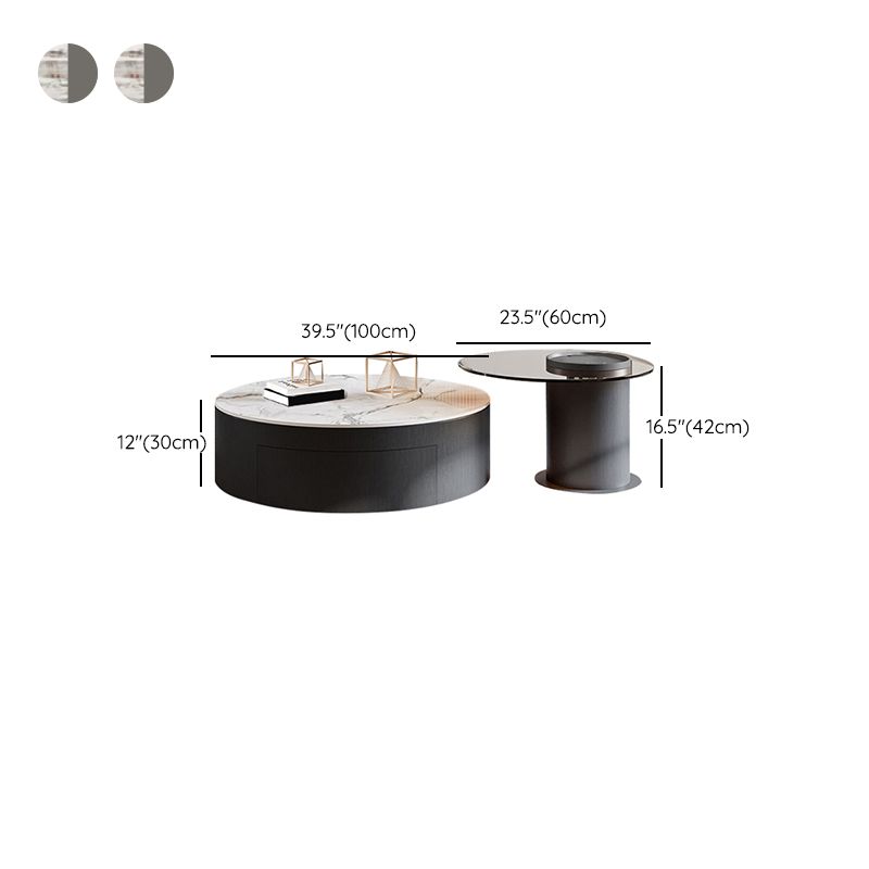 Round Nesting Coffee Table Pedestal Stone Cocktail Table with Drawer