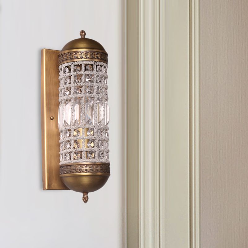 1 Light Wall Lighting Fixture Rural Cylinder Shaped Crystal Sconce Light in Brass for Indoor