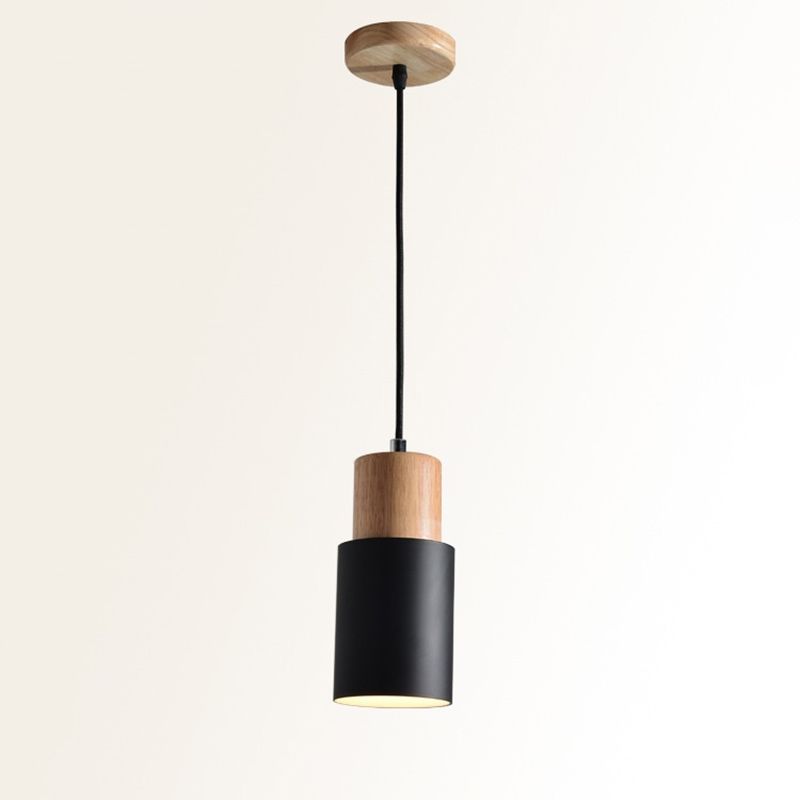Wooden Cylindrical Single Pendant Light in Modern Concise Style Aluminium Macaron Hanging Lamp