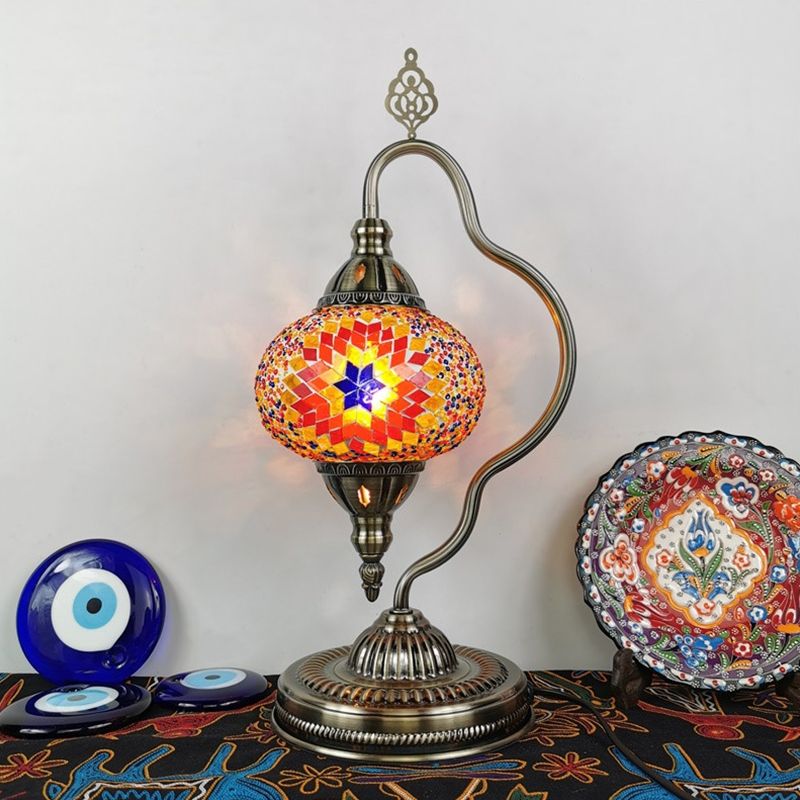 Stained Art Glass Globe Table Lamp Art Deco 1 Head Restaurant Night Light with Curvy Arm in White/Red/Yellow