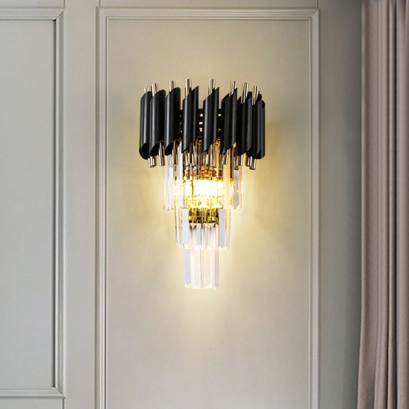 Lámpara de pared de pared con niveles de cristal de corte rectángulo 2 luces de acabado negro lámpara montada en la pared