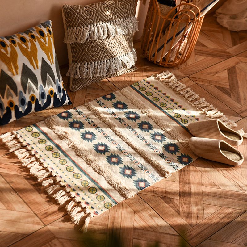 Bohemian Americana Rug Khaki Tone Cotton Blend Rug Washable Carpet with Fringe for Home Decor