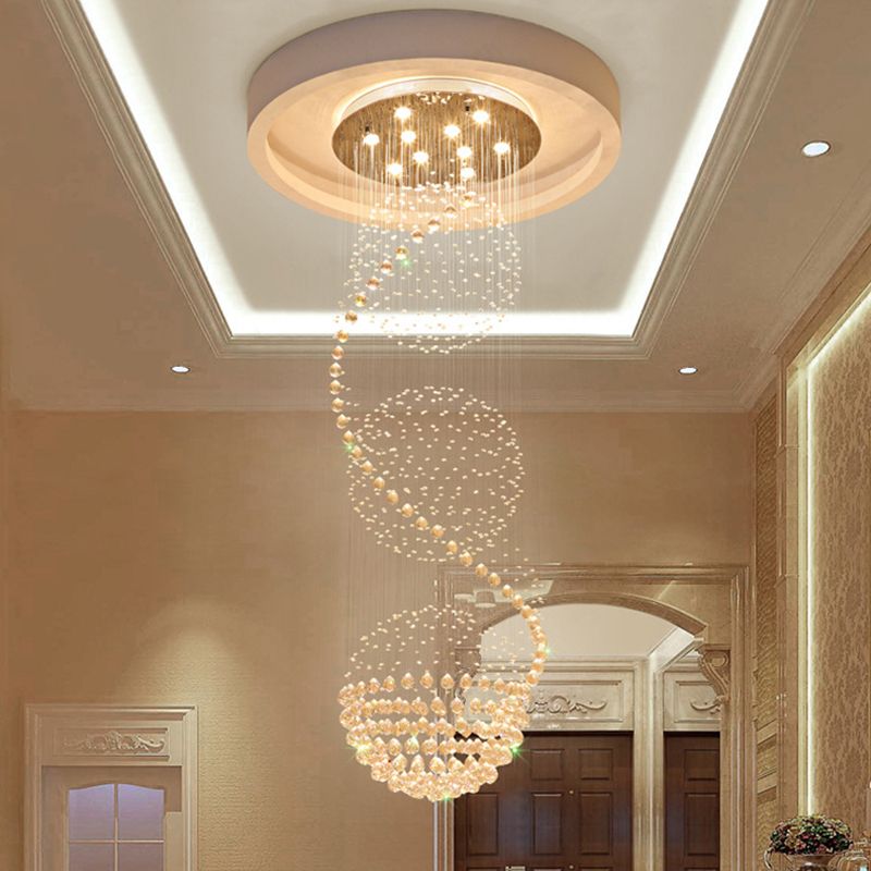 Silver 10-Light Hanging Light Modernism Clear Crystal Ball Multi Lamp Pendant for Stair