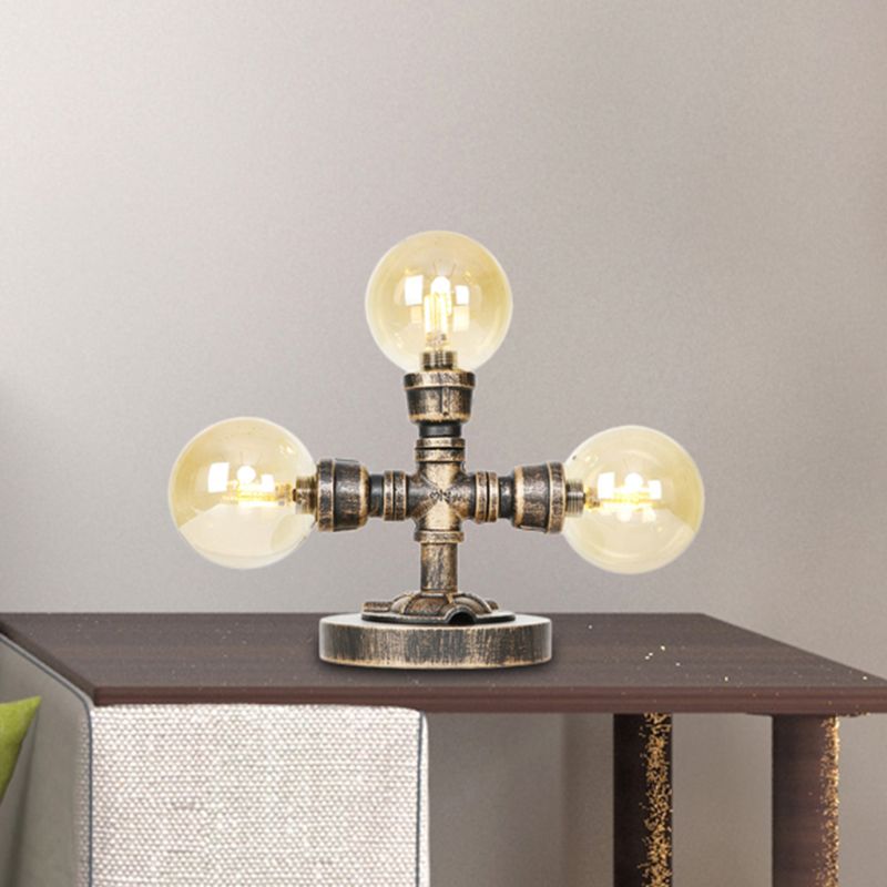 Lampada da scrivania industriale con paralume rotondo Illuminazione da lavoro in vetro trasparente/ambrato a 2/3 lampadine in argento antico/bronzo con base