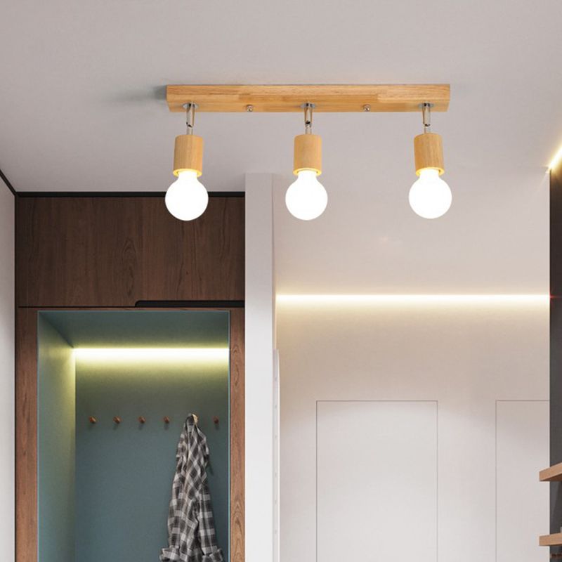 Modern Minimalist Rotatable Ceiling Light Wooden Bare Bulb Semi Flush Mount for Corridor