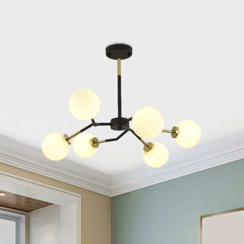 Frosted Glass Global Chandelier Lamp Minimalist 6/8 Bulbs Hanging Ceiling Light in Black