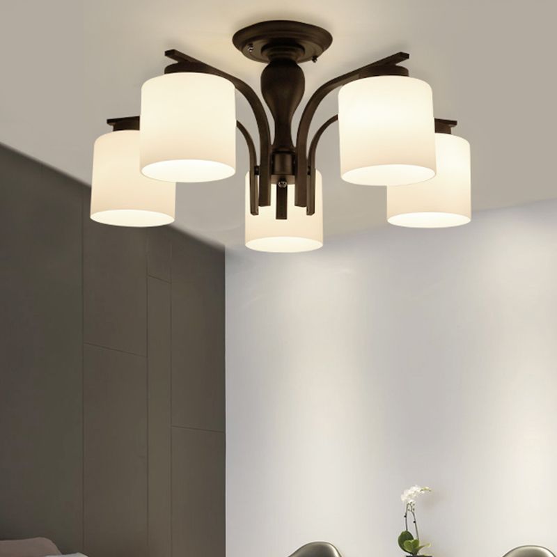 Semi Flush Mount Chandelier Country Living Room Ceiling Light with Cylindrical Milk Glass Shade in Black