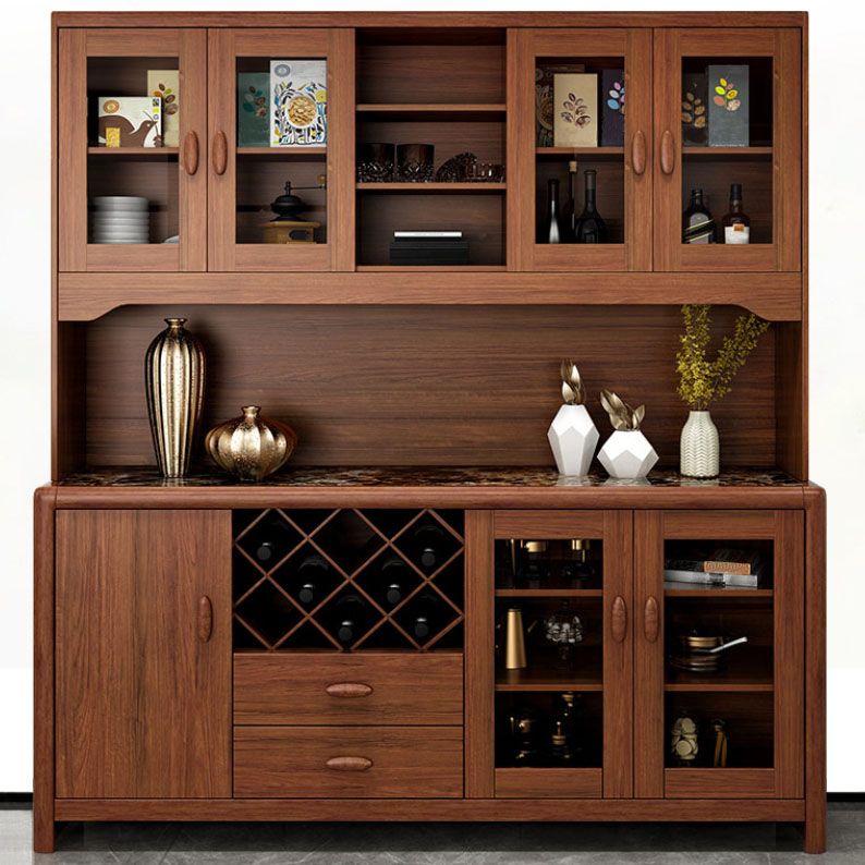 Ultra Modern Rubber Wood Dining Hutch Glass Doors Storage Cabinet with Drawers