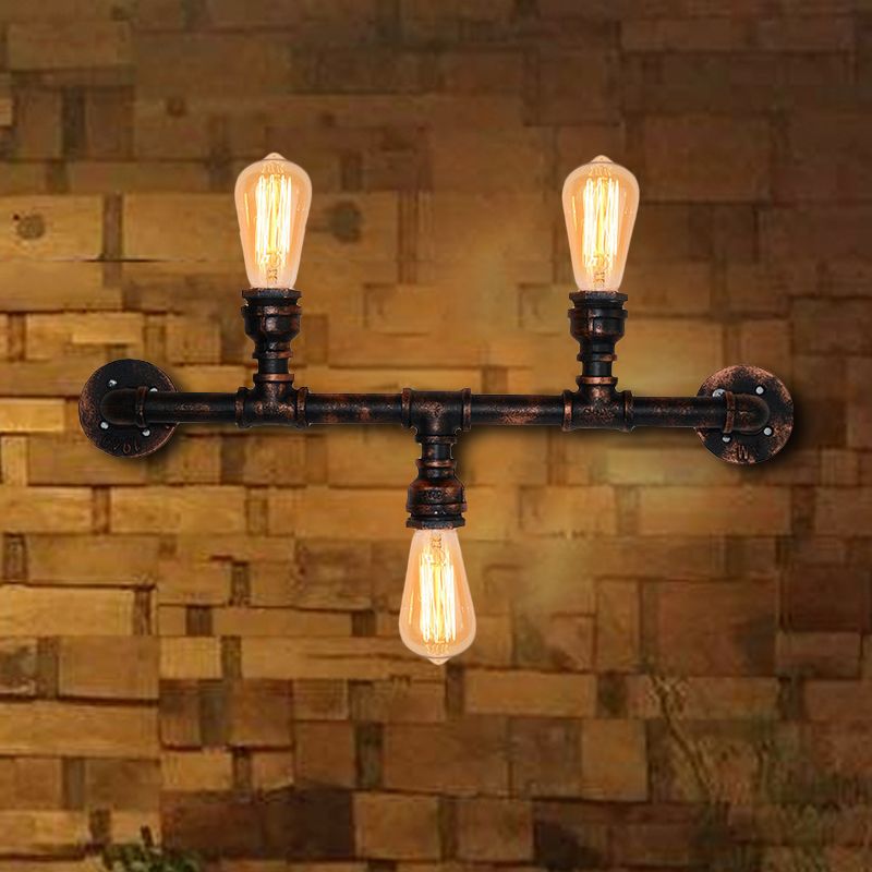Metal Exposed Wall Light Fixture Industrial Style 3 Heads Weathered Copper Wall Sconce Lamp with Water Pipe