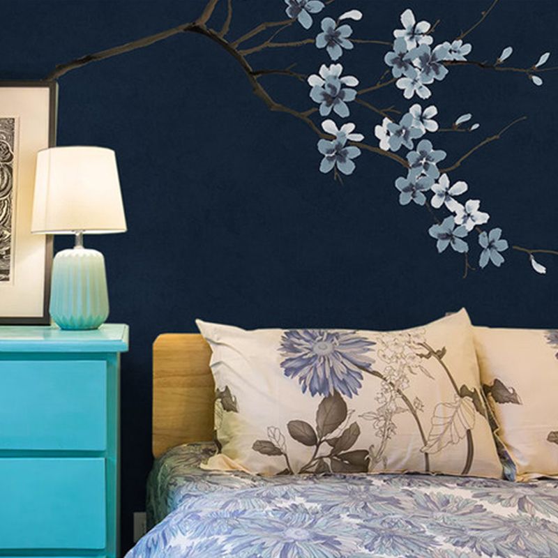Enchanting Plum Branch Mural Decal Moisture Resistant Asian Bedroom Wall Art in Dark Color