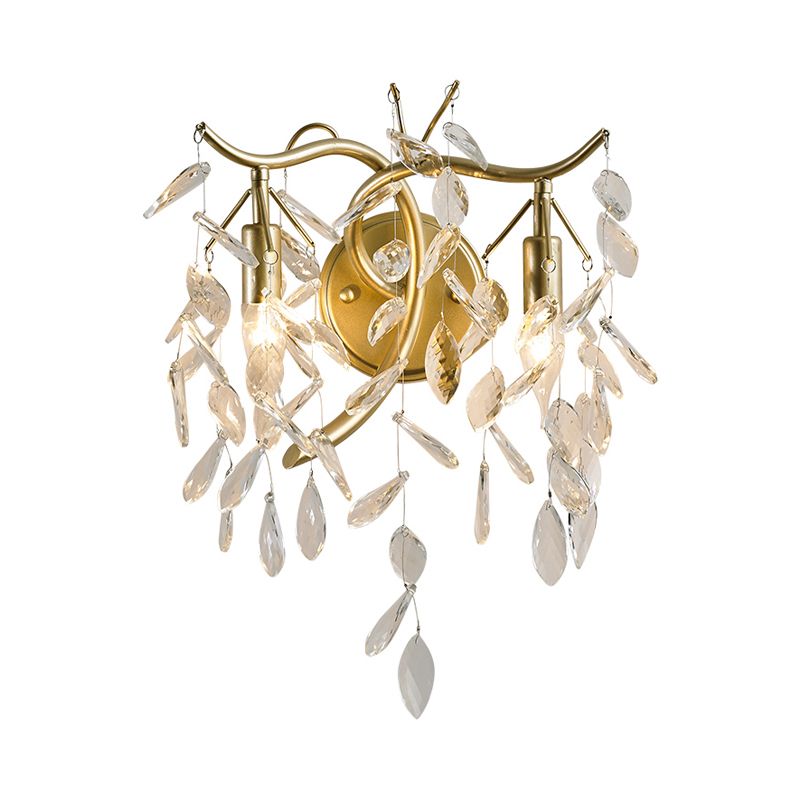 Gold Candle Sconce Light Vintage Metal 2 Lights Living Room Wall Mounted Light with Leaf Crystal Strand