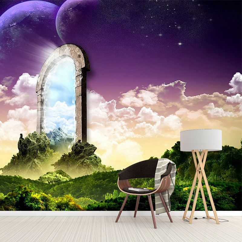Large Nightfall Mountain Mural Modern Magic Arched Entrance to the North Wall Art in Green