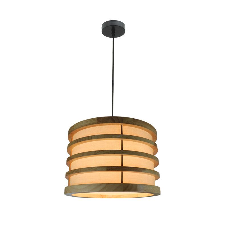 Beige Bucket Shaped Ceiling Pendant Contemporary 1-Light Wood Hanging Light Fixture