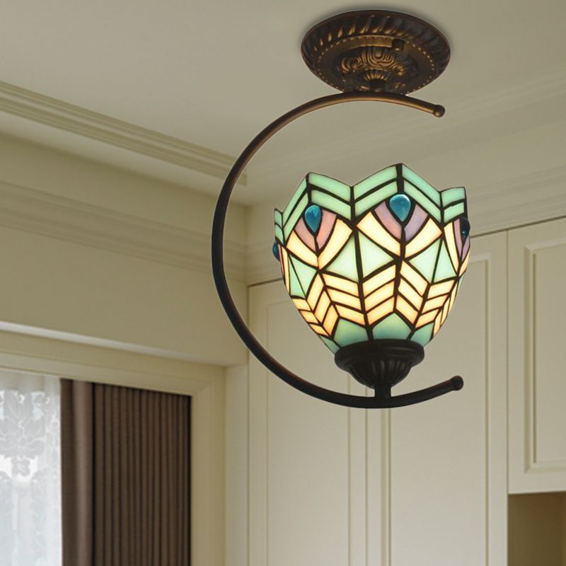 Vitrail Paon Semi Plafonnier Une Lumière Tiffany Plafonnier Créatif en Bleu pour Café