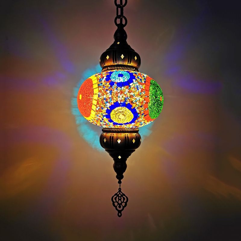 Stained Glass Red/Orange/Green Pendant Lamp Oval 1 Head Vintage Suspension Lighting