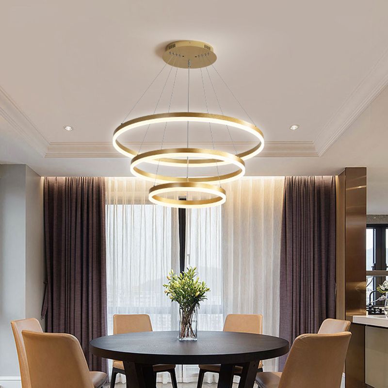 3-Light Chandelier Lamp Modern Three Rings Chandelier Lighting Fixtures with White Acrylic Shade