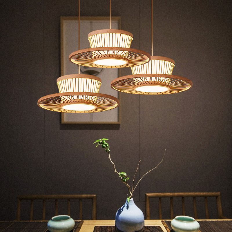 Circle Ceiling Light Asian Style Bamboo 1 Bulb Wood Hanging Lighting for Tea Room